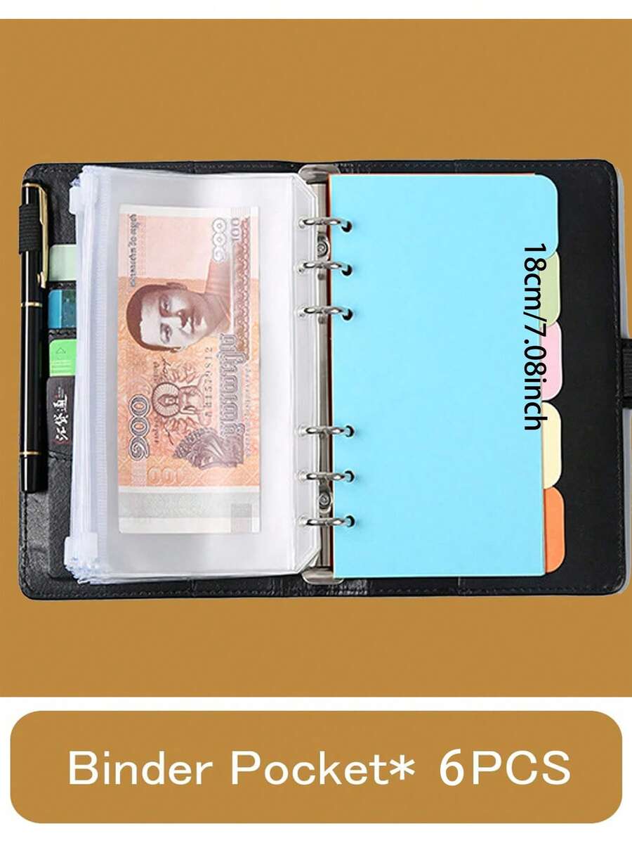 Zestaw 6 matowych segregatorów plastikowych A6 – 6 otworów, wodoodporne kieszenie na suwak, dziurkowane koperty na gotówkę, trwałe kieszenie na dokumenty, pasujące do segregatorów A6