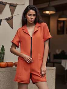 Women's Jail Costume Jumpsuit, Short Sleeve Romper With Belt And Zip Up, Prisoner Inmate Halloween Party Outfit - trái cam - Xem 3
