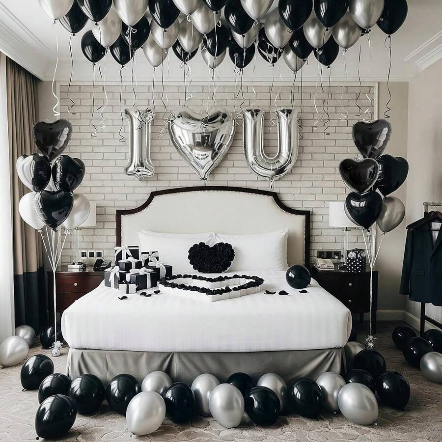 Black Valentine's Day Decorations Set, Including Black Valentine's Day Banner, Black Rose Petals, Black Latex Balloons, Silver Heart Foil Balloons, Suitable For Birthday Party Decor, Anniversary, Wedding, Home Decor, Photo Props