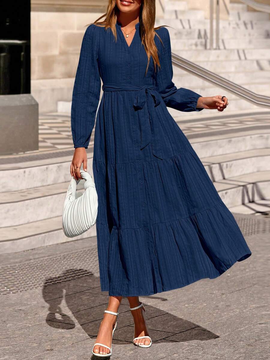 Womens Fall Maxi Dresses Casual Long Sleeve V Neck Button Down Flowy A Line Tiered Shirt Dress With Pockets - 藏蓝色 - 查看 1