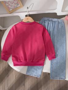 2pcs Girls Casual Outfits, Solid Color Bow Decor Design Regular Fit Crew Neck Long Sleeve Top And Pants Set, Spring/Autumn - Hot Pink - View 2