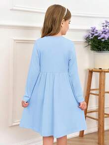 Girls Dresses Kids Button Down Midi Long Sleeve Casual A Line Dress With Pockets 4-14 Years - Xanh nhạt - Xem 5