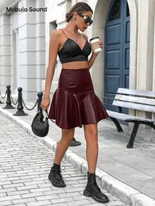 Mobula Sound Fashionable Casual Elegant Versatile Skirt For Spring/Summer, Suitable For Holiday, Date, Travel, Party, Airport, Made Of PU Leather, Flattering Silhouette - Burgundy - View 3