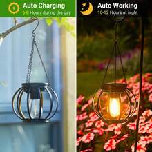 1 sztuka wodoodpornej, ogrodowej latarni solarnej, metalowa, wisząca lampa solarna z haczykiem. To jasna i ciepła lampa solarna, a zarazem klasyczna lampa solarna, idealna do dekoracji podwórek, ogrodów, tarasów i werand.