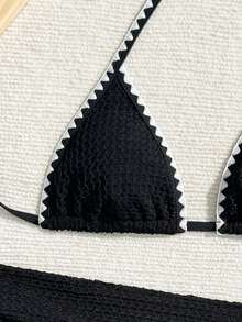 女式夏季海滩花卉装饰修身露背吊带比基尼泳装 - 黑色 - 查看 3