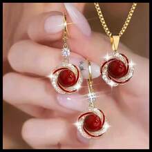 3Pcs Elegant Fashion Necklace Earrings Jewelry Set For Gift - Đỏ - Xem 3