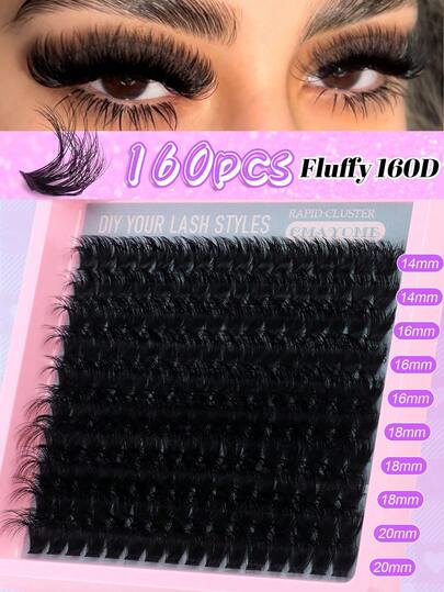 200/180/160 Pcs 8D Luxury Fluffy DIY Cluster Lashes - 14-20mm Mixed Length Eyelash Extensions, 0.07mm Russian D Curl Thick Reusable False Lashes, Suitable For Beginners, Stage Makeup, Easy To Use, Portable - 10 Rows (60D/80D/100D/120D/160D) Lash Clusters, Individual Fake Eyelashes