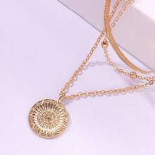 Simple Three-Layer Round Necklace Multilayer Snake Lotus Pendant Multilayer Gold Bead Disc Necklace - Gold - View 4