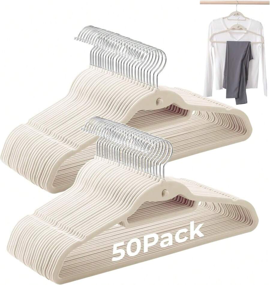 Ivory Velvet Hangers 50 Pack, Felt Covered Non Slip Fabric With Stackable Cascading Hook, Ultra Thin And Space Saving With 360 ° Swivel Neck, 15Lbs Capacity For Clothes, Suit, Shirt, Coat - 黑色 - 查看 1