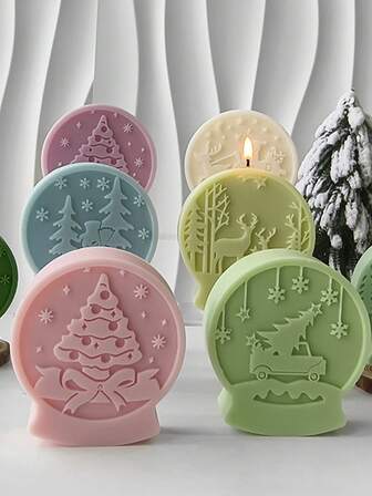 1 件圣诞水晶球形蜡烛硅胶模具，圣诞 3D 鹿-圣诞树-驯鹿-圣诞老人蜡烛硅胶模具，石膏装饰