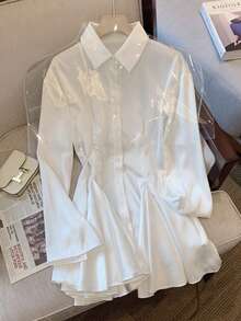 SMILE CHIC 高端白色缎面斜纹婚纱，衬衫式连衣裙，适合下午茶派对