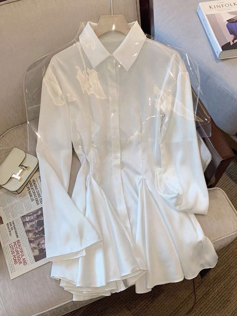 SMILE CHIC 高端白色缎面斜纹婚纱，衬衫式连衣裙，适合下午茶派对