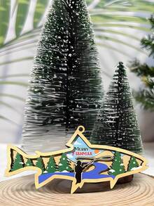 Adorno colgante decorativo de madera con forma de pez de doble capa de 15cm*7.2cm*1cm - Perfecto para el árbol de Navidad y la decoración de pared, diseño creativo "FELIZ FISHMAS" con paisaje nevado de invierno y silueta de pesca, que agrega un ambiente festivo y un significado cultural