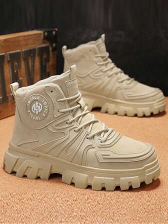 2025 新款男士高帮皮革登山靴，厚底防滑耐用圆头系带复古时尚休闲舒适男士踝靴，随机青年校园风格