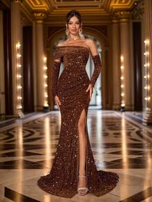 Elisanya Autumn/Winter Velvet Sequin Luxury Elegant Lady Banquet Gown, Removable Long Sleeve Trailing Dress, High Waist Party Dress Occasions - Coffee Brown - View 1