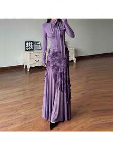 Vintage Purple Floral Wrap Skirt Low Waist Pleated Mesh Asymmetrical Hem Feminine Y2K Fairy Grunge Aesthetic Hip Cover Skirt - Màu tím - Xem 3