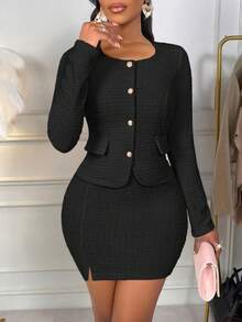 AIJ Bộ đồ 2 mảnh thanh lịch màu trơn Amarilo dành cho nữ, gồm áo sơ mi cổ vuông cài cúc kim loại và chân váy midi, đa năng cho trang phục hàng ngày. - màu đen - Xem 5