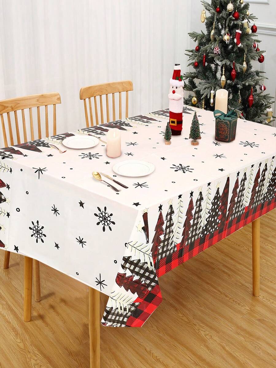 1pc Christmas Tree Tablecloth, Black Red Plaid Christmas Tree Snowflake Style Pattern Table Cloth, Christmas Party Disposable Table Cloth, Christmas Home Dining Table Cover, Home Decor, Room Decor, Table Decorations, Christmas Gifts, Xmas Party Favors, Christmas Ornaments, Merry Christmas Party Decoration Supplies, 2025 Christmas Decoration, 2026 New Year Decoration, Decor - Red Plaid Christmas Tree - View 1