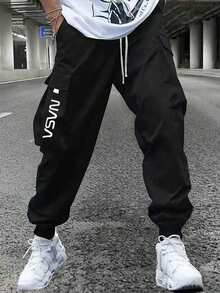 Men's Casual Cargo Pants, Slim Fit Outdoor Hiking Drawstring Trousers Spring - Black - View 2