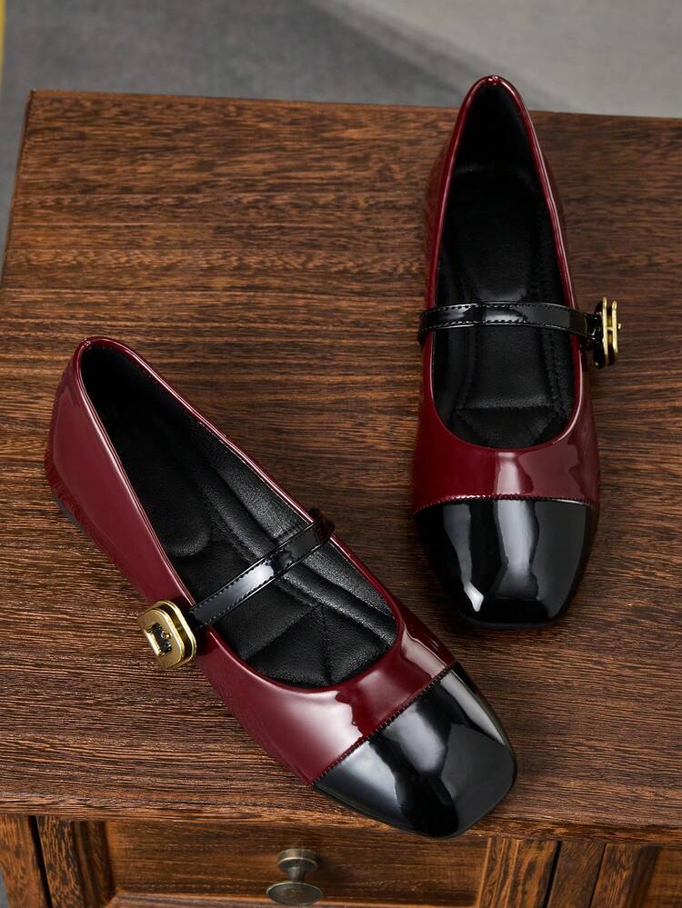 Women's Fashion Square Toe Slip-On Shoes, Black Patchwork With Contrasting Burgundy Color, Versatile For Office, Casual, Outdoor, Spring/Summer, High-Quality Flat Mary Jane Shoes For Party, Wedding, Red - Burgundy - View 1