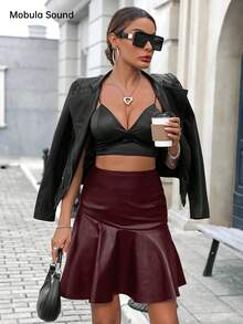 Mobula Sound Fashionable Casual Elegant Versatile Skirt For Spring/Summer, Suitable For Holiday, Date, Travel, Party, Airport, Made Of PU Leather, Flattering Silhouette - Burgundy - View 4