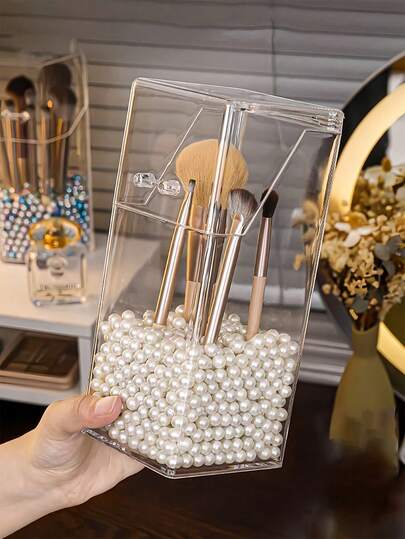 1 Set Makeup Brush Holder With Cover, Dust-Proof Makeup Brush Storage Box, Minimalist Plastic Square Pen Holder And Makeup Brush Bucket, Transparent Cosmetic Storage Box, Suitable For Bedroom And Home Essentials, Display Box, Protect Makeup Brushes, Suitable For Stationery Storage, Suitable For Holiday Beach, Bathroom, Bedroom