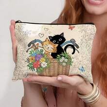 1 Pc Funny Cat Retro Cat Pattern Cosmetic Bag, Funny Cat Toiletry Bag, Portable Travel Storage Bag,Zipper Lightweight Makeup Pouch For Women, Makeup Bag, Pencil Bag Travel Essentials Holiday Vacation Makeup Organizer Travel Bag For Women