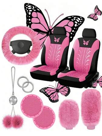 4 件 2 前座通用蝴蝶图案刺绣汽车座椅套，采用涤纶面料制成，四季车辆座椅保护套，可手洗，适用于 SUV、轿车、货车、汽车内饰套，兼容安全气囊，通用型，轮胎形状，汽车座椅保护套。