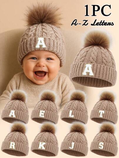 1pc Baby Letter Knit Hat, Soft, Warm And Comfortable, Suitable For Boys And Girls Outdoor Wear In Autumn/Winter