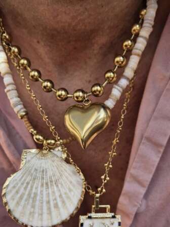 1pc 8mm Stainless Steel Bead Chain Necklace With Big Gold Heart Pendant, Women's Fashionable Jewelry Accessory Valentines,Mom,Mother,Mother's Day,Gift