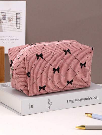 1pc Bow Simple Large-Capacity Pencil Case, Corduroy Material Multifunctional Pencilcase,School Supplies,Pencil Pouch,Office Supplies For Desk,Back To School Season Gifts,Pencil Pouch