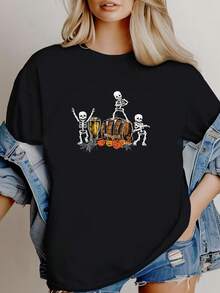 Women T-Shirt Print Dancing Skeletons Halloween Party Funny Beer Drinking T-Shirt Soft Casual Unisex Versatile Print Round Neck Short Sleeve Stretched Fashion Comfortable Female T-Shirt For Women Casual Streetwear Top For Everyday Wear Stylish Designer Clothes Breathable