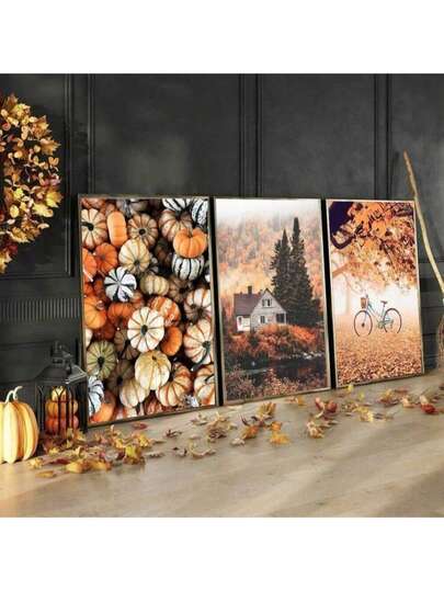 3 لوحات جدارية عصرية، طباعة على قماش بأسلوب عصري لمشهد خريفي خريفي، لوحات جدارية بدون إطار، صالحة لديكور الحمام والغرفة والمنزل والمطبخ والمكتب - هدية مثالية لعيد الحب والعام الجديد وعيد الهالوين والكريسماس والمنزل الجديد
