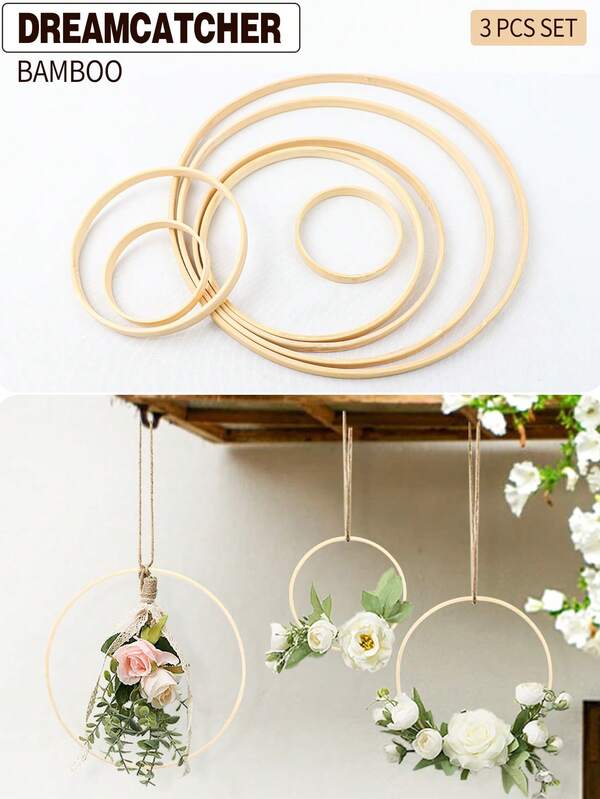 3pcs Beige Bamboo Material Handmade DIY Cross Stitch Embroidery Hoops, Dreamcatcher Feather Outdoor Lawn Wedding Decor Bamboo Rings, Bedroom Wall Decor Bamboo Rings, Wind Chime Mori Style Inner Rings, Holiday Gift Hanging Woven Decor Frames
