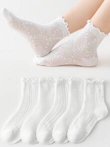 5 Pairs Children's Socks, Summer Mesh Breathable Comfortable Soft Fabric White Ruffle Edge Girls Socks, Cute Black & White Butterfly Kids Socks