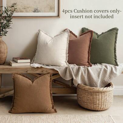 4 piezas (sin relleno) Funda de cojín con combinación de 4 colores, con flecos, para sofá, cama, cojín decorativo. Estilo vintage de granja, tela lavada, suave y cómoda con flecos alrededor del borde, decoración textil para el hogar