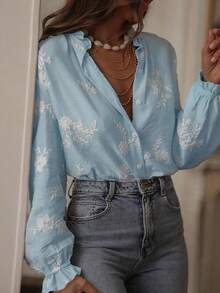 Blusa de mujer con volantes bordados, estilo vintage, con estampado floral, de hojas y bordado botánico, decoración casual para primavera - Azul menta - Ver 6