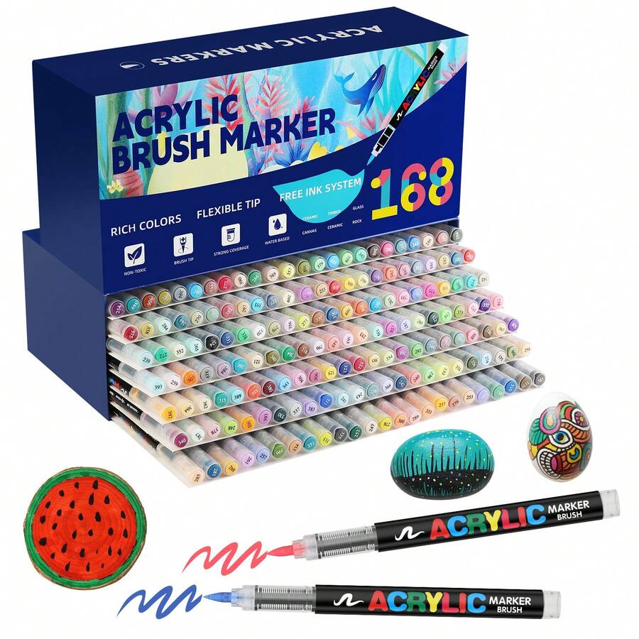 12/24/36/48/60/72/120/168/240/288 色丙烯颜料笔、软毛笔尖笔和马克笔、适用于木材、石材、帆布、玻璃、织物、鸡蛋、岩石绘画和 DIY 工艺品的丙烯颜料笔 - 彩色 - 查看 1