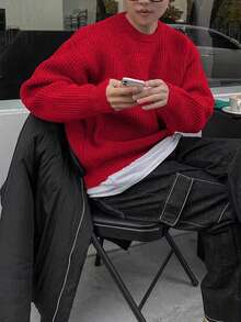 轻盈宽松针织衫，纹理图案，休闲中性设计，适合秋冬季节穿着，长袖上衣 - 玫瑰紅 - 查看 3