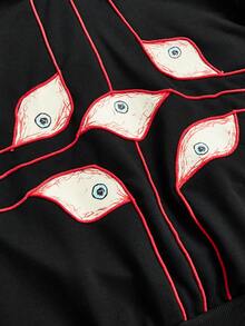 女士长袖眼睛和字母印花拉链口袋抽绳连帽衫