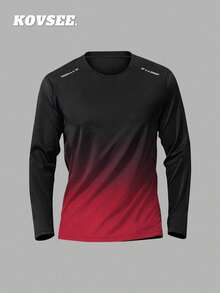 KOVSEE 男士渐变色长袖 T 恤速干运动上衣，圆领，轻微弹力，针织面料，适合休闲和运动穿着，四季舒适 - 紅色 - 查看 6