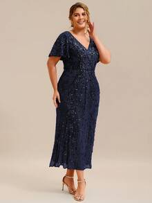 EVERPRETTY Plus Size Women's Elegant V-Neck Short Sleeve Navy Blue Sequin Mermaid Maxi Dress, Suitable For Evening Party, Wedding Guest, Formal Occasion Spring - Navy Blue - View 4