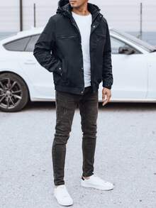 男士過渡夾克，帶有可拆卸風帽，輕度保暖，拉鍊和按扣開合，有四個外袋和一個內袋，現代設計帶有絎縫襯裡，非常適合春季和秋季以及日常都市風格。 - 藏蓝色 - 查看 2