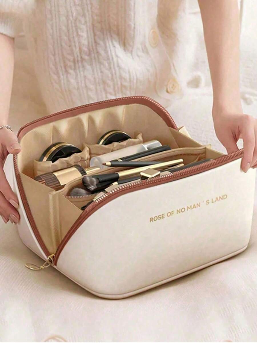 1pc PU Leather Waterproof Makeup Bag, Cosmetic Organizer Pouch, Lightweight Toiletry Bag, Waterproof PU Skincare Bag, Large Capacity Double Layer Makeup Bag With Compartments, Cosmetic Travel Bag