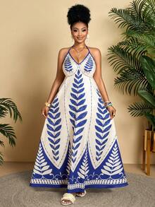 BIUBIU Damen Große Größen Frühling Sommer Tropisch Blau Bedrucktes Off-Shoulder Urlaubskleid - Spaziergang am Meer, ausstrahlendes charmantes Flair, geeignet für Urlaubs-Freizeitmode Schlüsselartikel