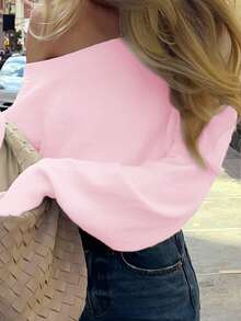 ii Asymmetric Shoulder Casual Women Sweater With Stylish Design Pink Spring - Pink - View 3
