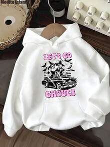 KID003|sudadera para niña|Sudadera con capucha Otoño/Invierno 2025|Sudadera estampada elegante para edades de 4 a 15 años|Cómodo y cálido|Enviado desde México|Temporada de regreso a clases|Halloween|Día de los Muertos|Para uso diario y regreso a clasesSuéter de caballero infantil con diseños únicos: Dos brujas en un coche clásico y gatos, con el lema "LET'S GO GHOULS" para un look atrevido y divertido - Blanco - Ver 1