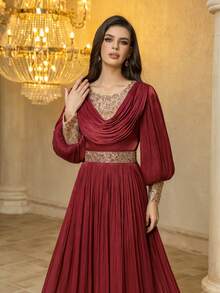 UNITHORSE 女士圆领灯笼袖仿霓虹灯管亮片装饰修身长款晚礼服、伴娘礼服、派对礼服、婚纱、毕业礼服 春季 - 酒紅色 - 查看 5