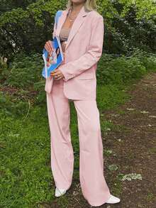 Women's 2 Piece Office Suit Set, Notched Lapel Long Sleeve Blazer With Wide Leg Pants, Mature Elegant Workwear With Pockets, Suits For Woman Set - 藕粉色 - 查看 3