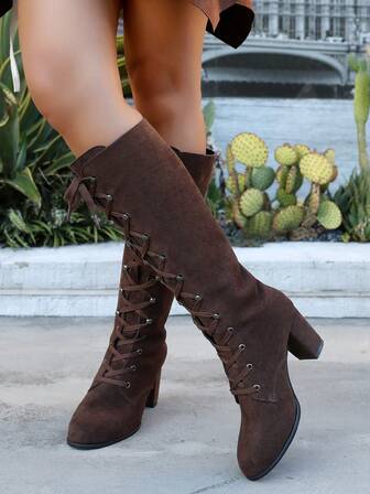 女士高跟及膝靴，纯色系带粗跟靴，百搭舒适长靴